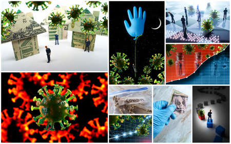 Variety of deadly epidemic concepts including social distancing and housing crisis as a collage