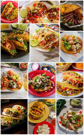 Variety of different Mexican taco recipes in collage for menu backgroundの写真素材