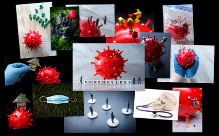Large collage of deadly coronavirus epidemic imagery including skeletons businessmen and red model...