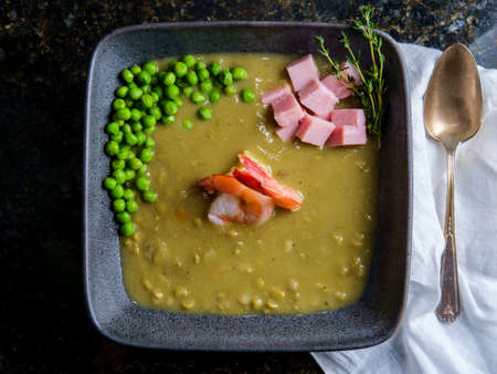 British split pea soup with shrimp and cubed hamの写真素材