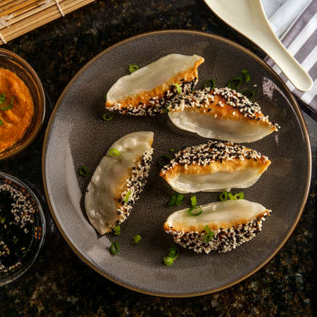 Chinese fried vegetable wonton dumplings with black and white sesame seeds and peanut satay sauce for dippingの写真素材