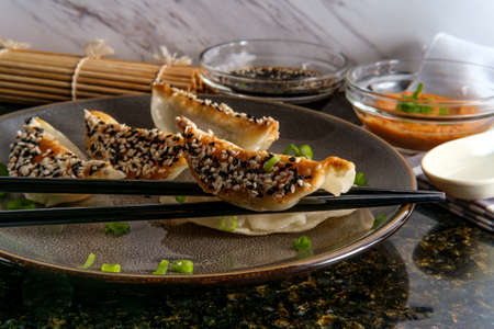 Chinese fried vegetable wonton dumplings with black and white sesame seeds and peanut satay sauce...