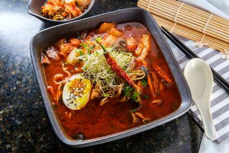 Korean kimchi ramen garnished with mushrooms scallions and a softboiled egg with black and white sesame seedsの写真素材
