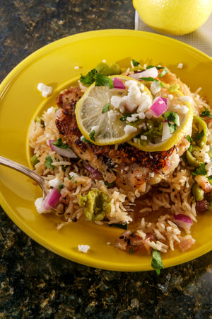 Greek skin-on bone-in crispy chicken thighs with rice and castelvetrano olives served with feta cheeseの写真素材