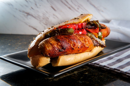 Sausage onions and peppers hoagie sandwich with tuxedo sesame seedsの写真素材