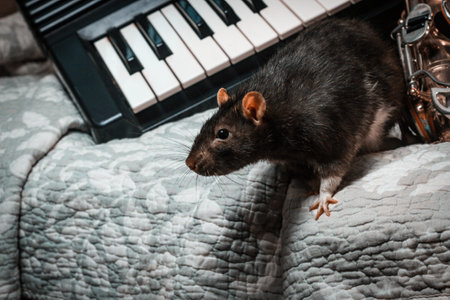 Fancy pet rats playing on classical musical instrumentsの写真素材