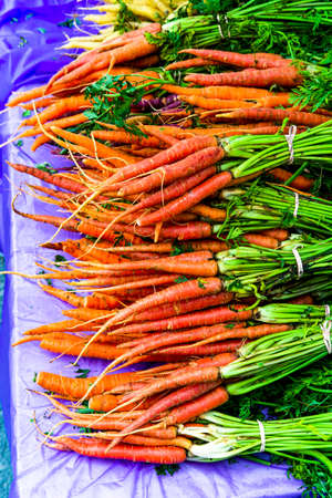 Bunches of fresh carrots for sale at the farmers marketの写真素材
