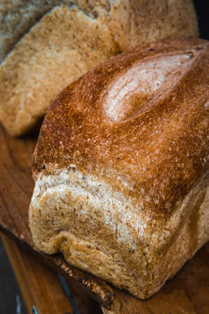Homemade whole wheat sandwich bread on display at local artisan bakery