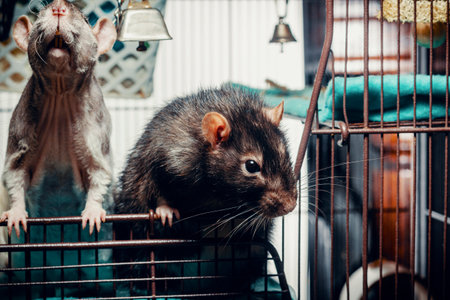 Friendly double-rex patchwork hairless pet rat exploring cageの写真素材