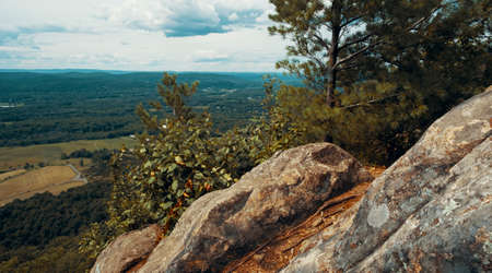 View from top of Stairway to Heaven Trail in the Appalachian Mountains with green pines and summer...