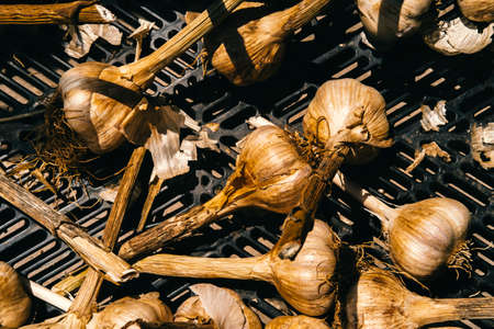 Close up garlic display with stems at farmers street market