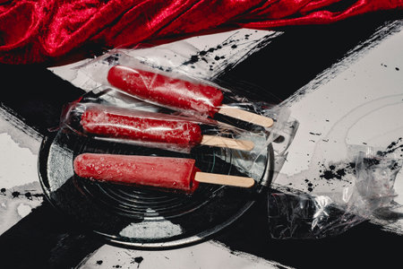 Red strawberry icepops on abstract black and white paint backgroundの写真素材