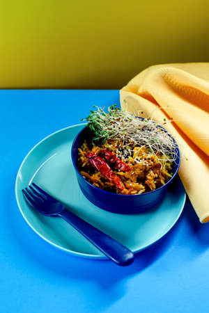 Fun kids lunch spicy Indian chicken biryani rice with dried red peppers and alfalfa sprouts