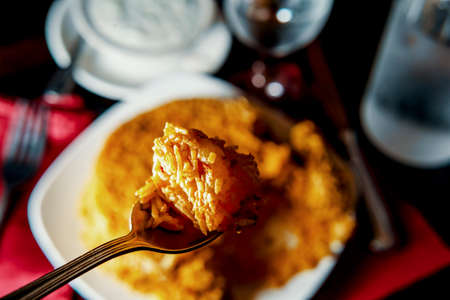 Spicy Indian chicken biryani rice with fresh raitaの写真素材