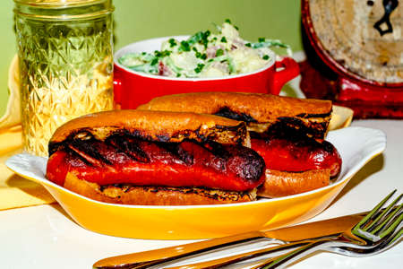 Char-grilled kielbasa sausage sub sandwich with green goddess dressing potato saladの写真素材