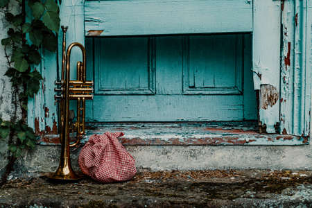 Traveling musicians trumpet and handkerchief picnic sackの写真素材