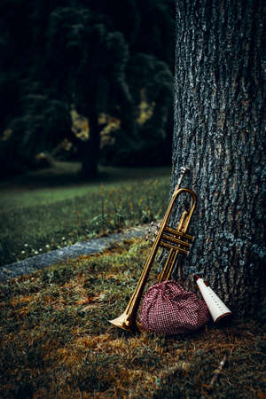 Traveling musicians trumpet and handkerchief picnic sack on a stickの写真素材