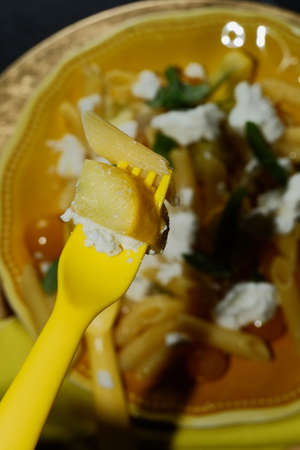 Yellow squash ricotta penne with basil garnish
