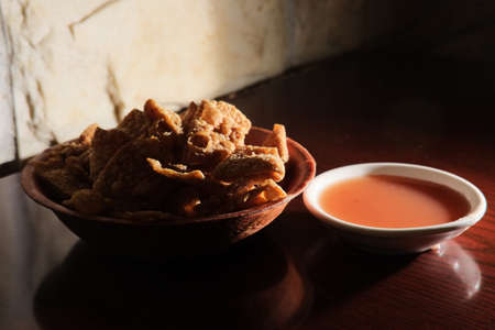 Japanese starter dish crispy noodles with duck sauceの写真素材