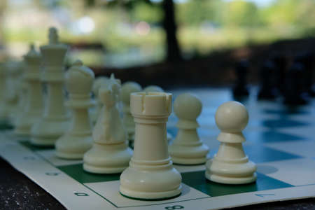 Playing in chess tournament outdoors at local parkの写真素材