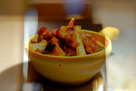 Japanese teriyaki chicken bowl dinner with dark moody atmosphereの写真素材