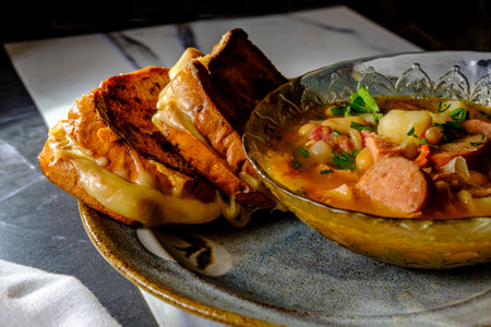 Ham and bean soup with kielbasa sausage and gouda grilled cheese sandwiches