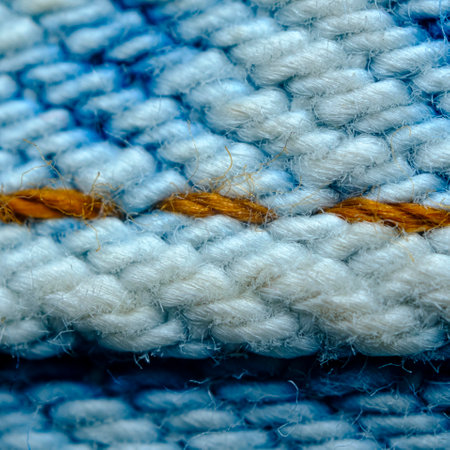 Macro closeup denim jeans stitching texture on hem in orange and blue