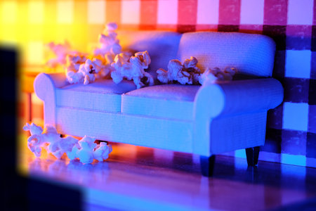 Movie and chill concept with popcorn on miniature couch watching the TVの写真素材