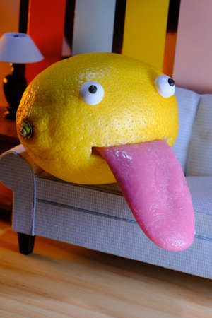 Silly lemon sticking tongue out and photo bombing while sitting on a couch