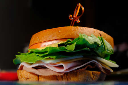 Ham and roast beef sandwich with American cheese and a cocktail sword for funの写真素材