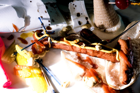 Hot dog and icecream cone mess after fun barbecue partyの写真素材
