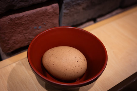 A raw brown unpeeled egg in a Japanese bowl.