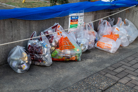 Segregation of recyclable wastes with different plastic bags at a garbage collection point in...