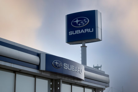 Subaru car shop store front and sign - a Japanese car companyのeditorial素材
