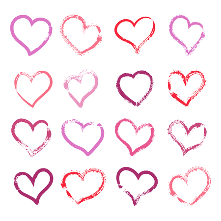 the vector set of pink brush painted heartsのイラスト素材