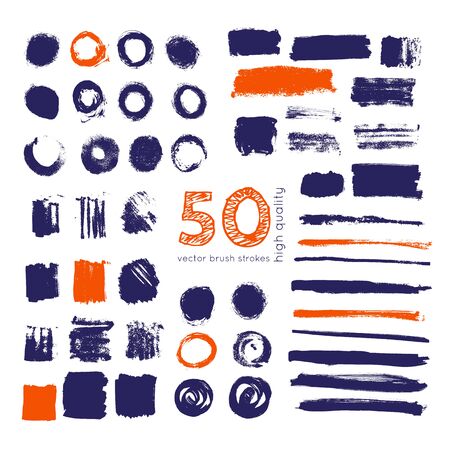 set of vector brush strokes and circles of paint on white background のイラスト素材
