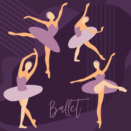 Dancing ballerinas drawn in a flat style. Cartoon character of a ballerina in different dance poses. Vector illustrationのイラスト素材