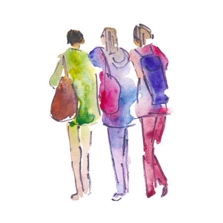 hand drawn watercolor illustration. Three women in full growth. People shaped watercolor stains. Women from the backの写真素材