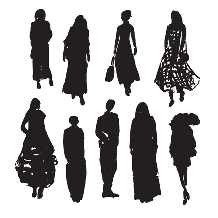 Hand drawn vector illustration: stylized people. Watercolor sketches. Three women fashionably dressedのイラスト素材