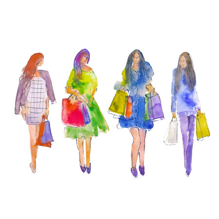 Vector. Hand drawn watercolor illustration. Four women in full growth. Women with bags and packages in their hands. Purchases.のイラスト素材