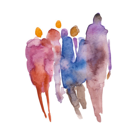 Vector. Color spot with watercolors in the form of a group of people. Watercolor hand painted silhouette of man and womanのイラスト素材