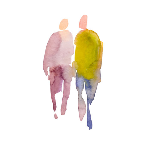 Vector. Color spot with watercolors in the form of a group of people. Watercolor hand painted silhouette of man and womanのイラスト素材