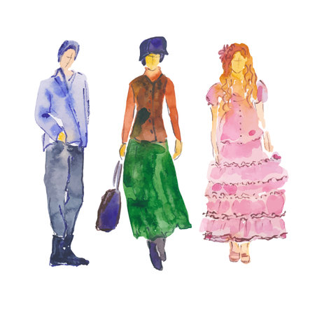 Vector. Hand drawn illustration: stylized people. Watercolor sketches. Three women fashionably dressedのイラスト素材