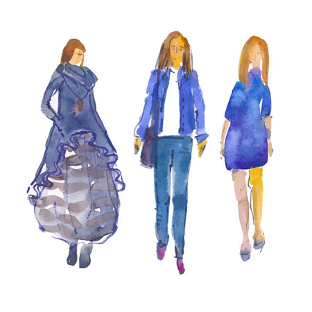 Vector. Hand drawn illustration: stylized people. Watercolor sketches. Three women fashionably dressedのイラスト素材