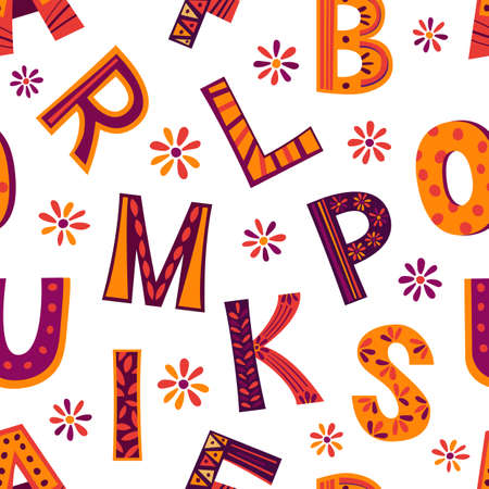 seamless pattern: colored alphabet letters with patterns, artistic letteringのイラスト素材