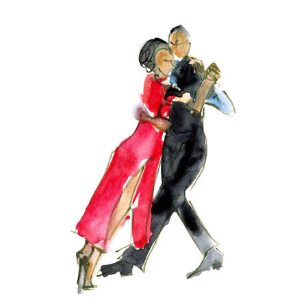 Watercolor illustration: couple, man and woman dancing tangoの写真素材