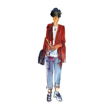 Hand drawn watercolor illustration: girl in fashionable clothesの写真素材