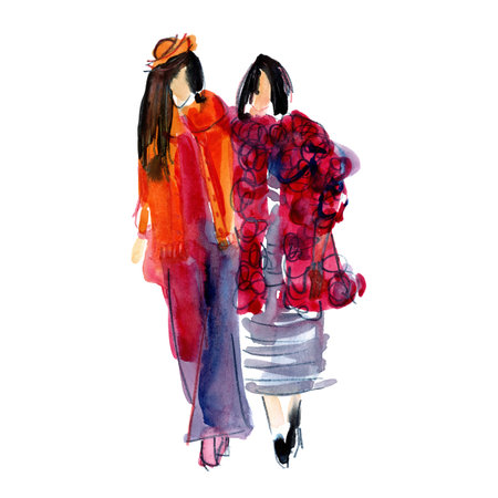 Hand drawn watercolor illustration: a company of girls in fashionable clothesの写真素材