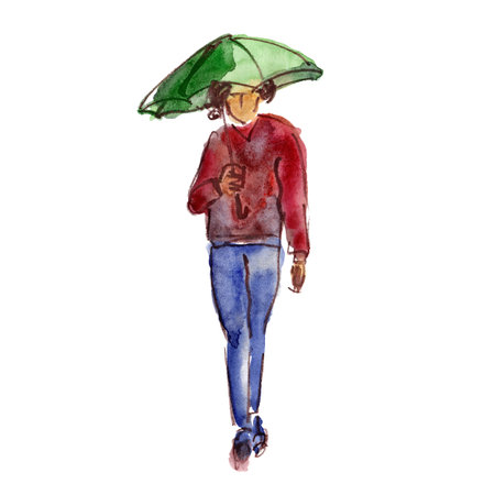 Hand drawn watercolor illustration of a girl walking under an umbrellaの写真素材