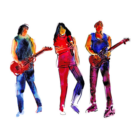 Watercolor hand drawn illustration: musical rock band, two people with guitars and one man with a microphoneの写真素材